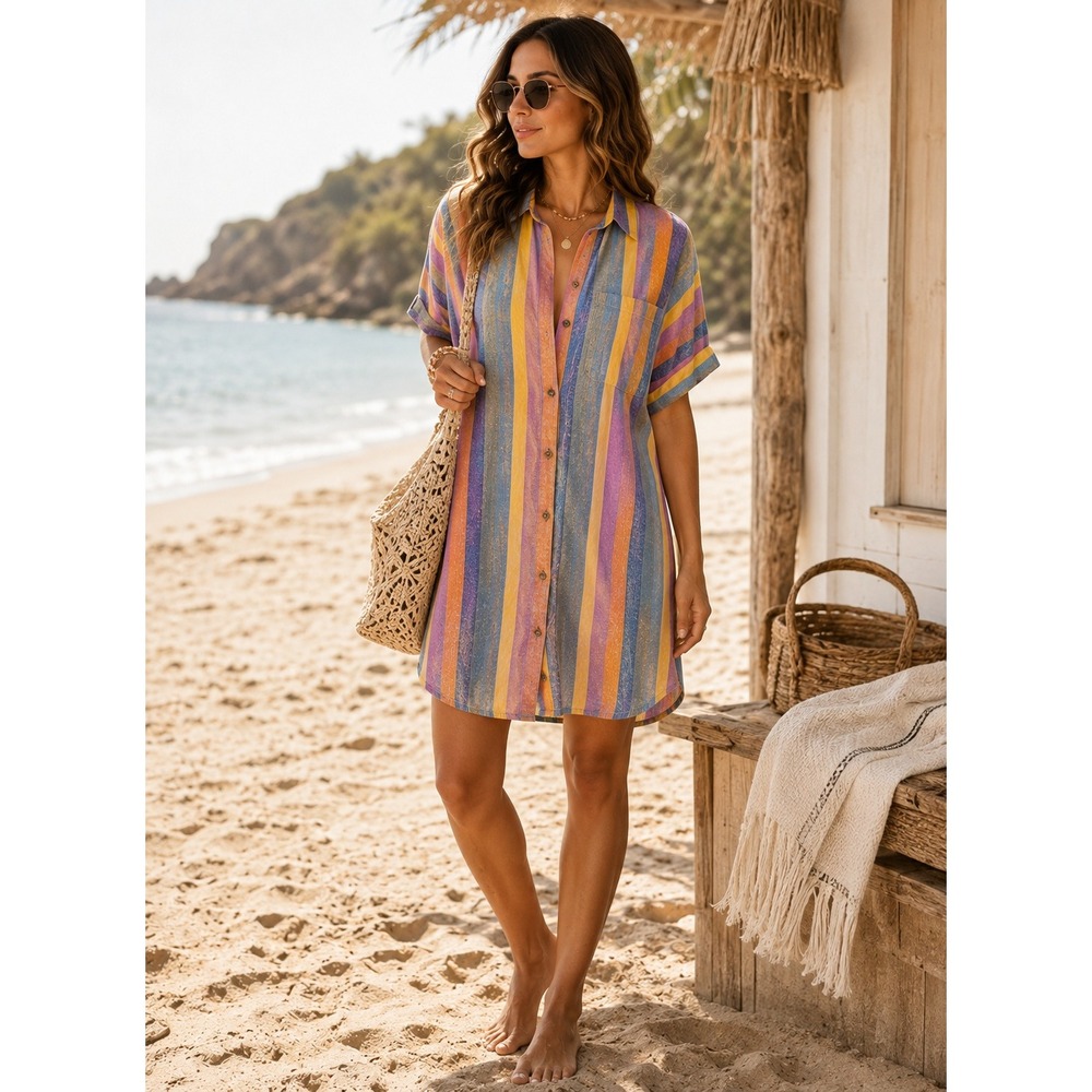 Madewell Blue Orange Linen Cotton Button‎ Down Casual Dress XS